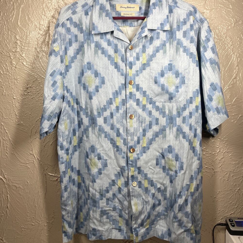 Tommy Bahama Blue Short Sleeve Button Up 100% Silk Geometric Shirt Mens Sz Large